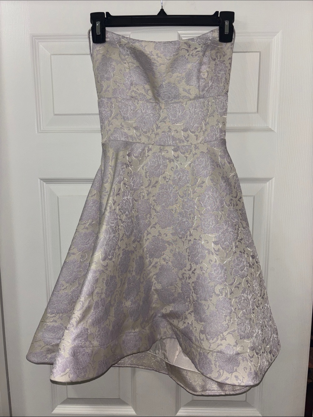 B Darlin Lavender and off white  Floral Jacquard Spaghetti Strap Homecoming Dres